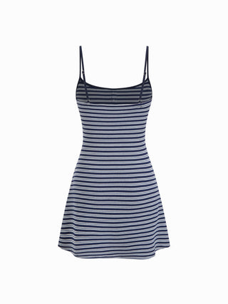 Knit Fabric Collarless Striped Mini Slip Dress