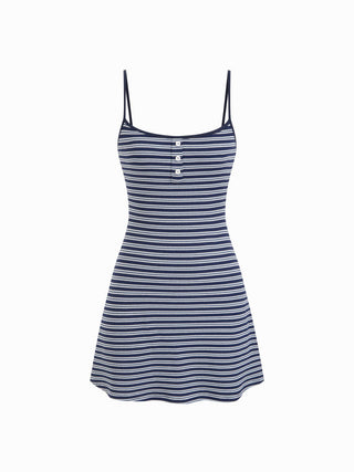 Knit Fabric Collarless Striped Mini Slip Dress
