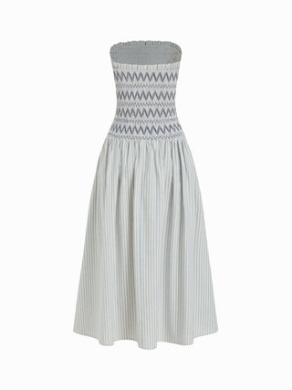 Cotton Striped Bandeau Ruched A-line Maxi Dress