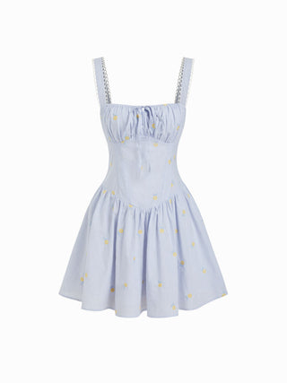 Cotton Striped Floral Square Neck Eyelet Ruched A-line Mini Dress