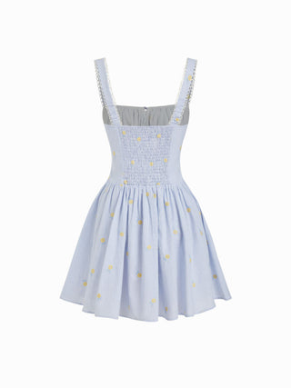 Cotton Striped Floral Square Neck Eyelet Ruched A-line Mini Dress