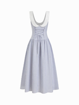 Linen-Blend Sculptural Striped U-neckline Lace up Backless Maxi Dress