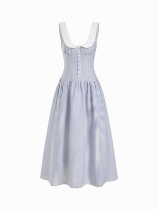 Linen-Blend Sculptural Striped U-neckline Lace up Backless Maxi Dress
