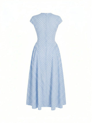 Sculptural Polka Dot Stand-Collar Flared Maxi Dress