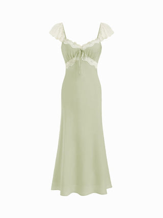 Satin Sweetheart Ruffle sleeve Lace Panel Ruched Mermaid Maxi Dress