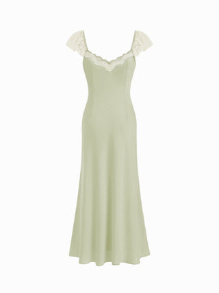 Satin Sweetheart Ruffle sleeve Lace Panel Ruched Mermaid Maxi Dress