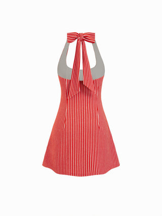 Cotton-Blend Striped Halter Neckline Backless A-Line Mini Dress