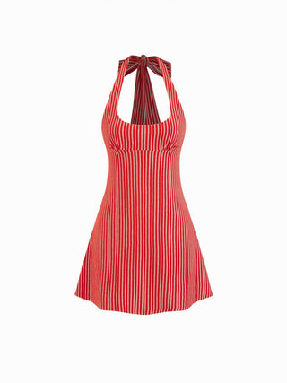 Cotton-Blend Striped Halter Neckline Backless A-Line Mini Dress