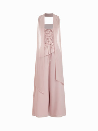 Chiffon Mid Rise Bandeau Asymmetrical Lace Up Wide Leg Jumpsuit With Scarf