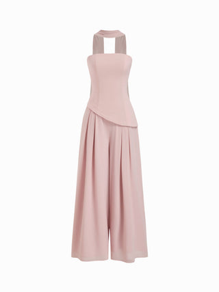 Chiffon Mid Rise Bandeau Asymmetrical Lace Up Wide Leg Jumpsuit With Scarf