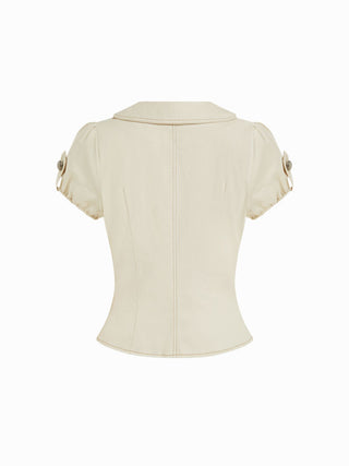 Cotton-Blend Peter Pan Collar Puff Sleeve Metal Detail Blouse