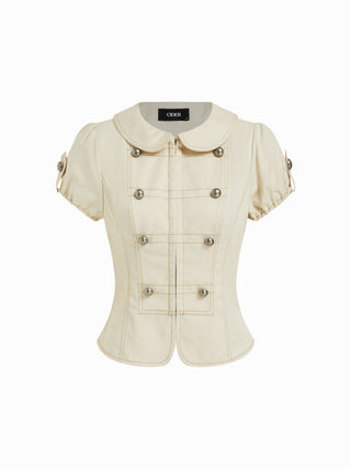 Cotton-Blend Peter Pan Collar Puff Sleeve Metal Detail Blouse