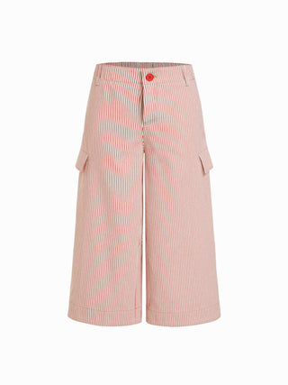 Cotton-blend Mid Rise Striped Cargo Barrel-leg Capri Trousers