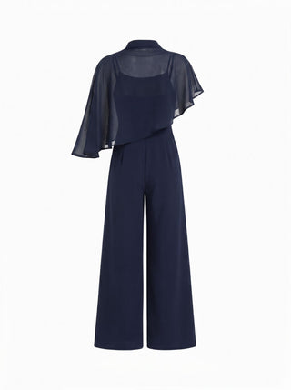 Stand Collar Asymmetrical Cloak Sleeve Mid Rise Wide Leg Jumpsuit