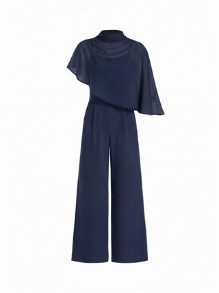 Stand Collar Asymmetrical Cloak Sleeve Mid Rise Wide Leg Jumpsuit