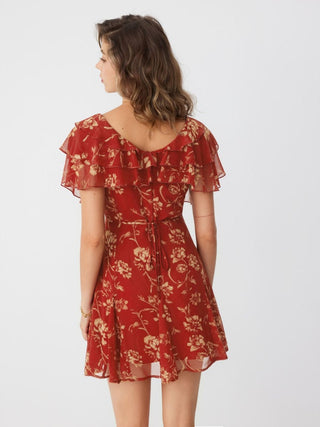 Chiffon V-Neck Dolman Sleeve Floral ALINE Short Dress