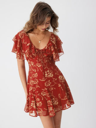 Chiffon V-Neck Dolman Sleeve Floral ALINE Short Dress