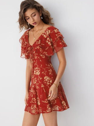 Chiffon V-Neck Dolman Sleeve Floral ALINE Short Dress