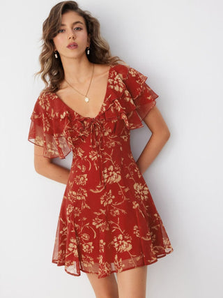 Chiffon V-Neck Dolman Sleeve Floral ALINE Short Dress