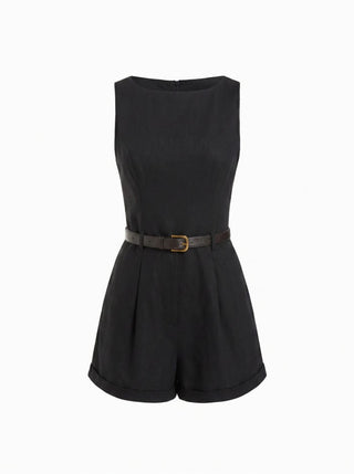 Linen-blend Boat Neck Mid Rise Romper With Belt
