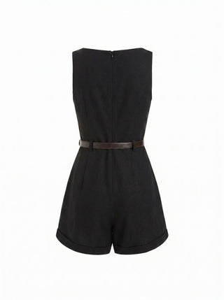 Linen-blend Boat Neck Mid Rise Romper With Belt