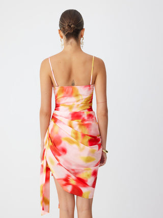 Square Neck Floral with Side Sash Midi Dress