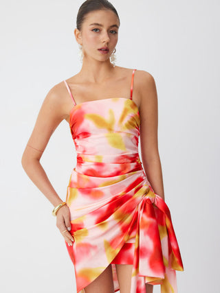 Square Neck Floral with Side Sash Midi Dress