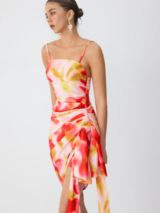 Square Neck Floral with Side Sash Midi Dress