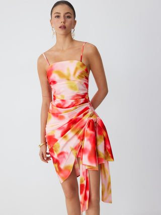 Square Neck Floral with Side Sash Midi Dress