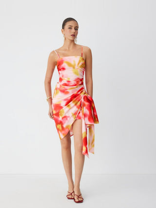 Square Neck Floral with Side Sash Midi Dress