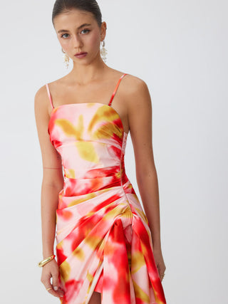 Square Neck Floral with Side Sash Midi Dress