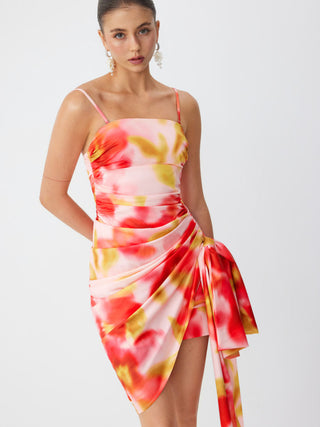 Square Neck Floral with Side Sash Midi Dress