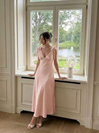 Satin V-neck Twist Knotted Flared Maxi Dress