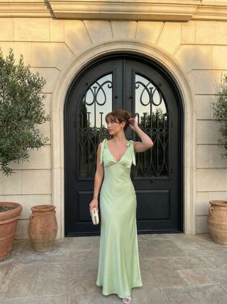 Satin V-neck Twist Knotted Flared Maxi Dress
