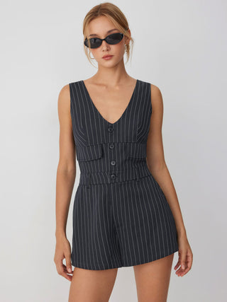 Stripe V-neck Flap Detail Mid Rise Romper
