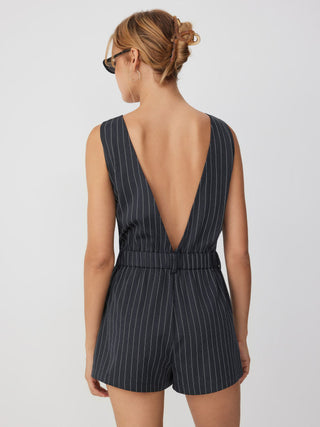 Stripe V-neck Flap Detail Mid Rise Romper