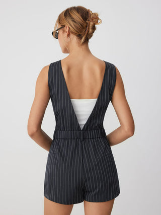 Stripe V-neck Flap Detail Mid Rise Romper