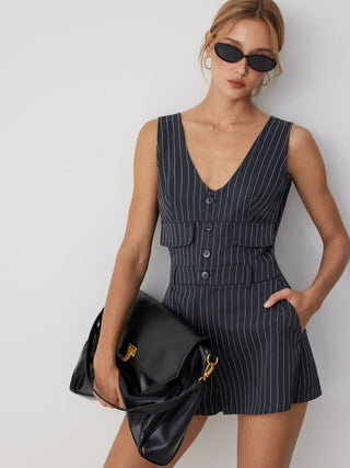 Stripe V-neck Flap Detail Mid Rise Romper