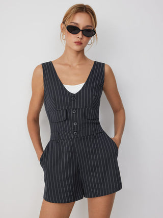 Stripe V-neck Flap Detail Mid Rise Romper