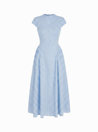Sculptural Polka Dot Stand-Collar Flared Maxi Dress