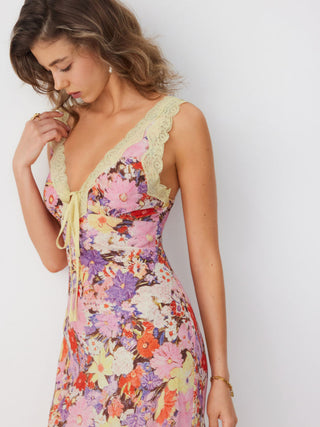 Floral V-neck Lace Trim Tie Front Mermaid Maxi Dress