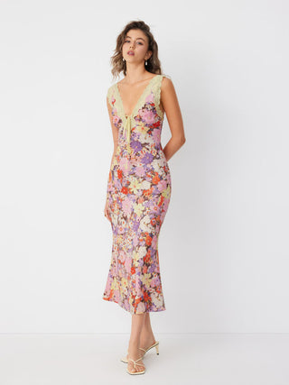 Floral V-neck Lace Trim Tie Front Mermaid Maxi Dress