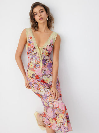 Floral V-neck Lace Trim Tie Front Mermaid Maxi Dress