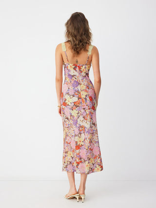 Floral V-neck Lace Trim Tie Front Mermaid Maxi Dress