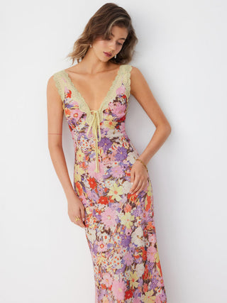 Floral V-neck Lace Trim Tie Front Mermaid Maxi Dress