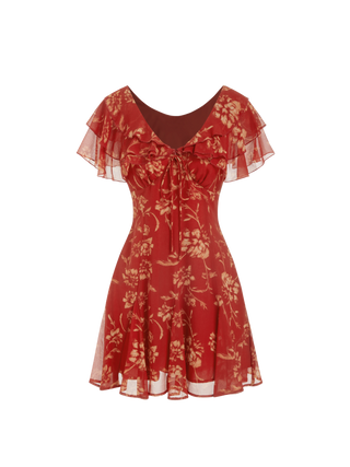 Chiffon V-Neck Dolman Sleeve Floral ALINE Short Dress