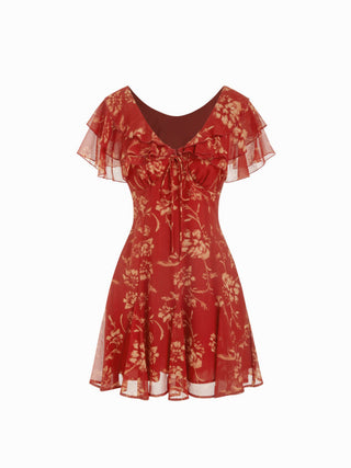 Chiffon V-Neck Dolman Sleeve Floral ALINE Short Dress