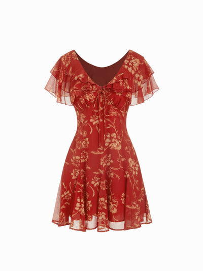 Chiffon V-Neck Dolman Sleeve Floral ALINE Short Dress