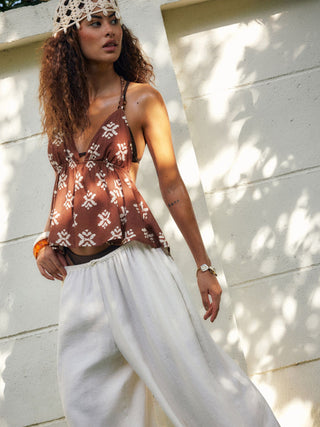 Linen-blend Aztec Graphic V-neck Halter Braided Peplum Hem Cami Blouse