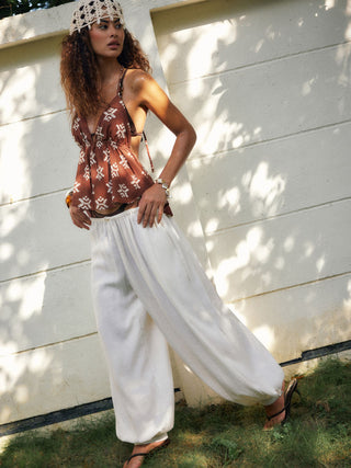 Linen-blend Aztec Graphic V-neck Halter Braided Peplum Hem Cami Blouse